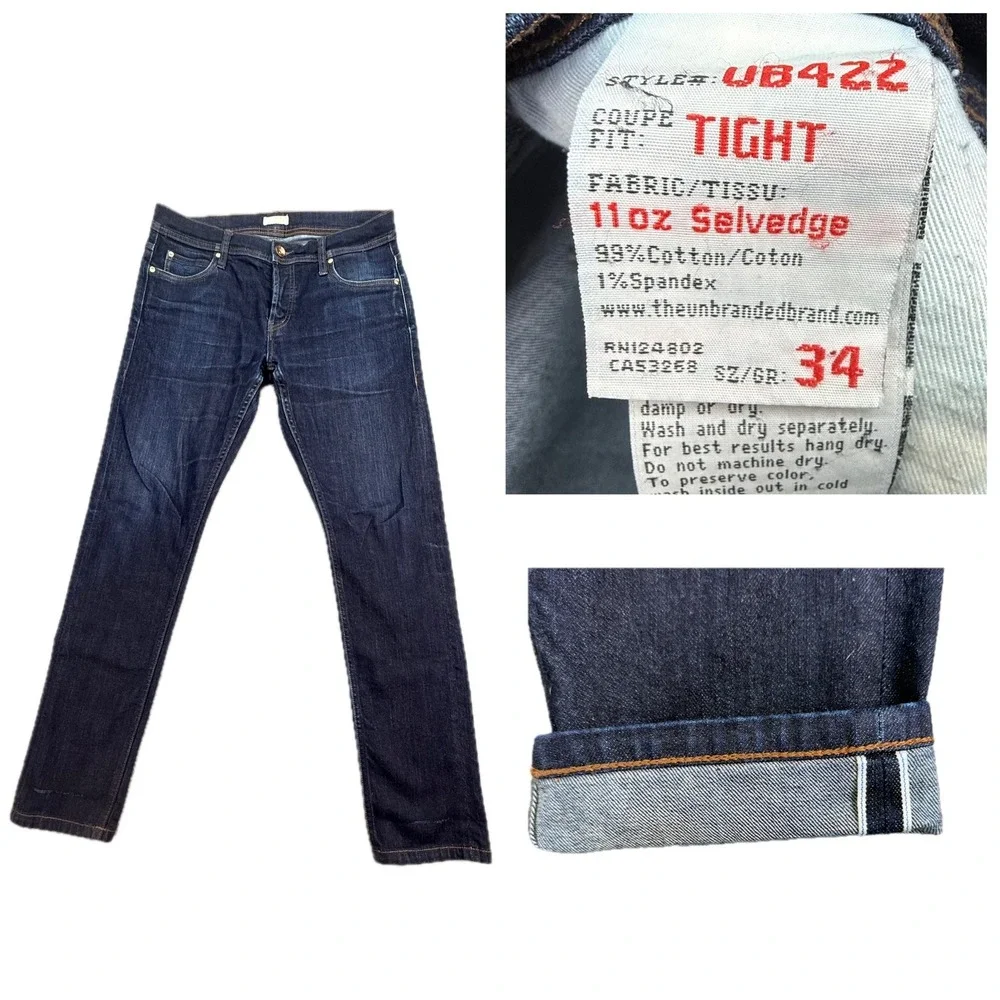 Unbranded Brand UB422 Jeans Mens 34 Blue 11oz‎ Selvedge Tight Fit Stretch Denim